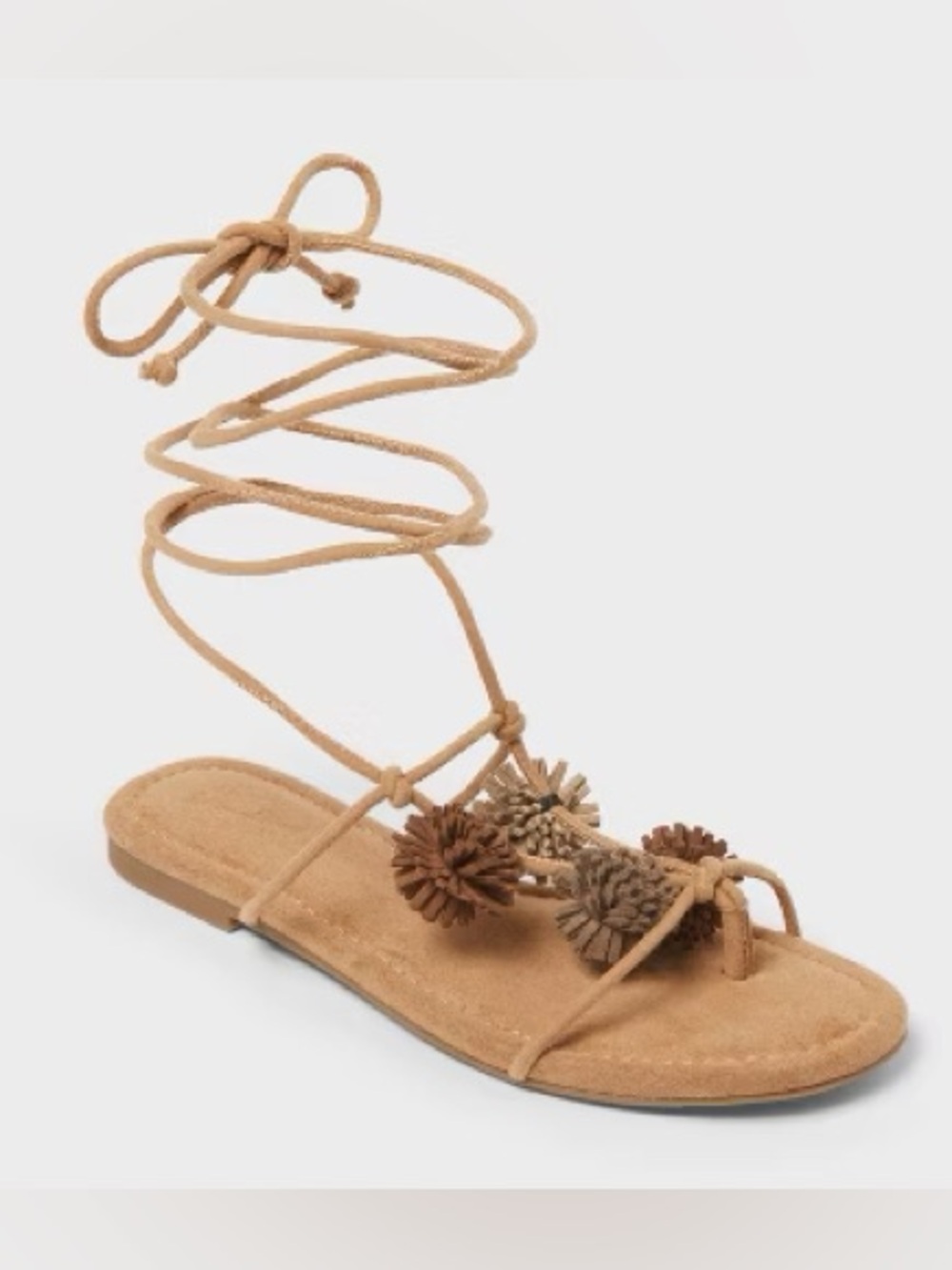 Universal Thread Tan Dawn Lace-Up Pom Pom Sandals 7 NWT